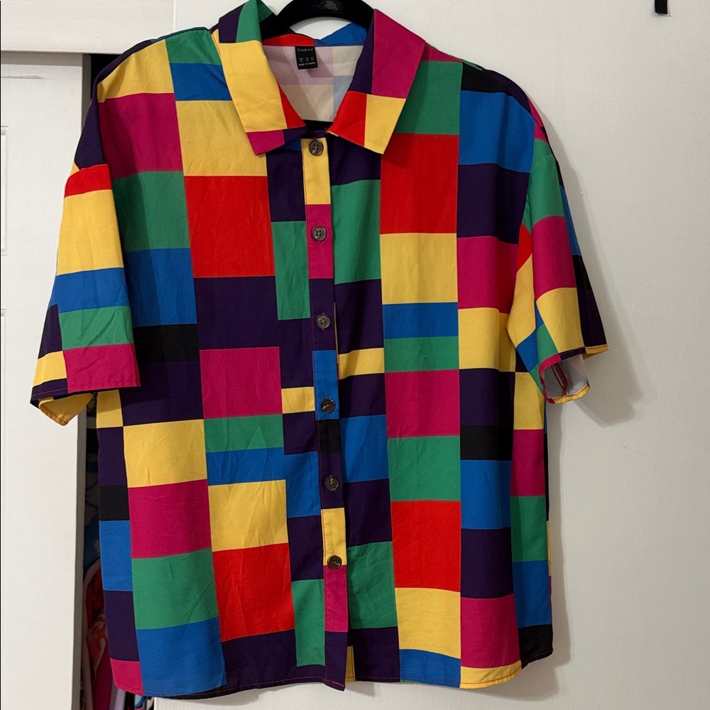 Multicolor Block-Print Short-Sleeve Shirt